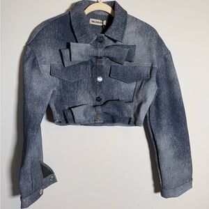 Milkwhite Denim Optic Cropped Bow Jacket NWT $257 Statement‎ M